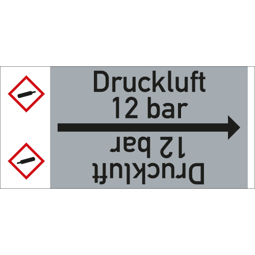 Rohrleitungsband: Druckluft 12 bar, mit Gefahrensymbol, DIN 2403, für Rohre ab Ø 15 mm, Folie selbstklebend, 33 m/Rolle