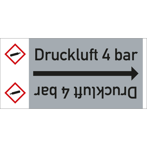 Rohrleitungsband: Druckluft 4 bar, mit Gefahrensymbol, DIN 2403, für Rohre ab Ø 15 mm, Folie selbstklebend, 33 m/Rolle