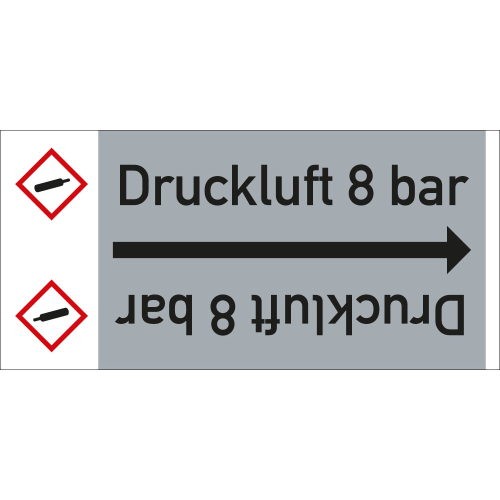 Rohrleitungsband: Druckluft 8 bar, mit Gefahrensymbol, DIN 2403, für Rohre ab Ø 15 mm, Folie selbstklebend, 33 m/Rolle
