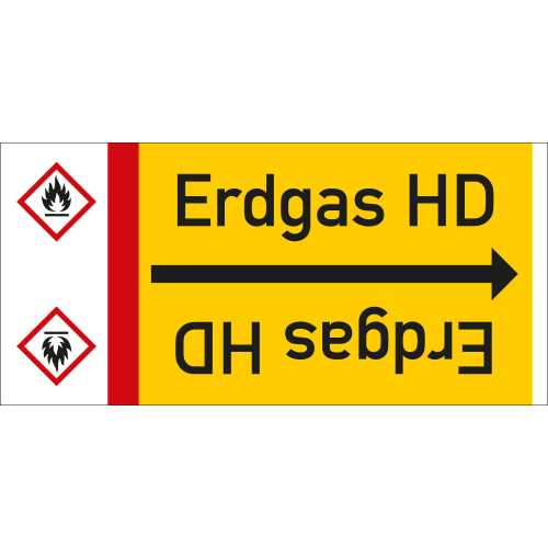 Rohrleitungsband: Erdgas HD, mit Gefahrensymbol, DIN 2403, für Rohre ab Ø 15 mm, Folie selbstklebend, 33 m/Rolle