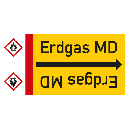 Rohrleitungsband: Erdgas MD, mit Gefahrensymbol, DIN 2403, für Rohre ab Ø 15 mm, Folie selbstklebend, 33 m/Rolle