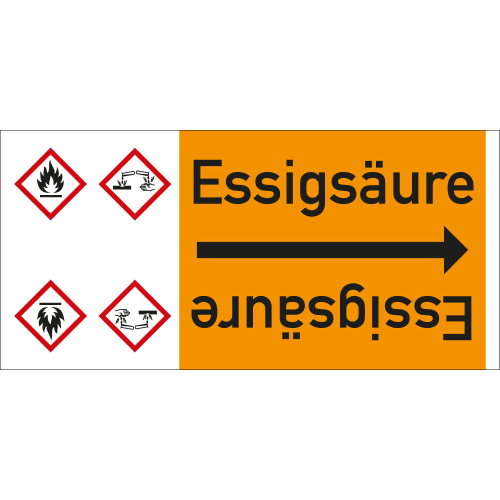 Rohrleitungsband: Essigsäure, mit zwei Gefahrensymbolen, DIN 2403, für Rohre ab Ø 15 mm, Folie selbstklebend, 33 m/Rolle