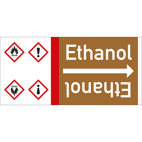 Rohrleitungsband: Ethanol, mit zwei Gefahrensymbolen, DIN 2403, für Rohre ab Ø 15 mm, Folie selbstklebend, 33 m/Rolle