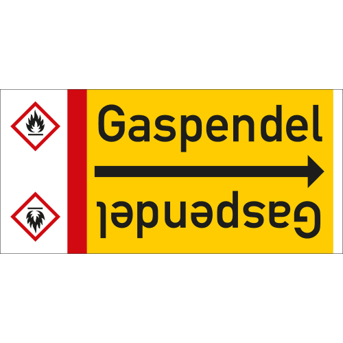 Rohrleitungsband: Gaspendel, mit Gefahrensymbol, DIN 2403, für Rohre ab Ø 15 mm, Folie selbstklebend, 33 m/Rolle