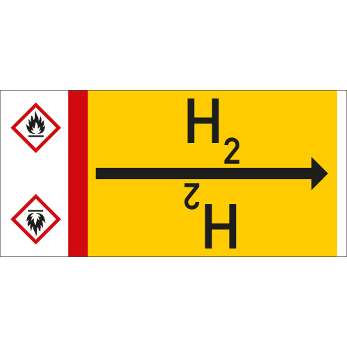 Rohrleitungsband: H2, mit Gefahrensymbol, DIN 2403, für Rohre ab Ø 15 mm, Folie selbstklebend, 33 m/Rolle