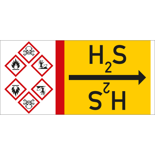 Rohrleitungsband: H2S, mit drei Gefahrensymbolen, DIN 2403, für Rohre ab Ø 15 mm, Folie selbstklebend, 33 m/Rolle