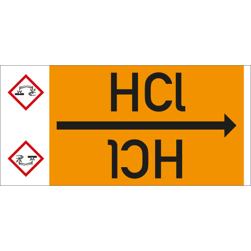 Rohrleitungsband: HCl, mit Gefahrensymbol, DIN 2403, für Rohre ab Ø 15 mm, Folie selbstklebend, 33 m/Rolle