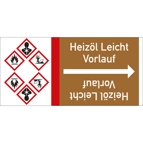 Rohrleitungsband: Heizöl Leicht Vorlauf, mit drei Gefahrensymbolen, DIN 2403, für Rohre ab Ø 15 mm, Folie selbstklebend, 33 m/Rolle