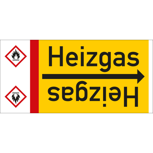 Rohrleitungsband: Heizgas, mit Gefahrensymbol, DIN 2403, für Rohre ab Ø 15 mm, Folie selbstklebend, 33 m/Rolle