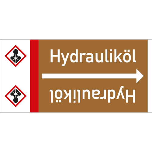 Rohrleitungsband: Hydrauliköl, mit Gefahrensymbol, DIN 2403, für Rohre ab Ø 15 mm, Folie selbstklebend, 33 m/Rolle