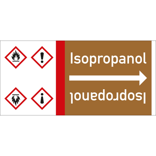 Rohrleitungsband: Isopropanol, mit zwei Gefahrensymbolen, DIN 2403, für Rohre ab Ø 15 mm, Folie selbstklebend, 33 m/Rolle