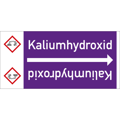 Rohrleitungsband: Kaliumhydroxid, mit Gefahrensymbol, DIN 2403, für Rohre ab Ø 15 mm, Folie selbstklebend, 33 m/Rolle