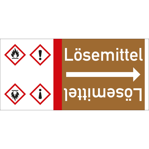 Rohrleitungsband: Lösemittel, mit zwei Gefahrensymbolen, DIN 2403, für Rohre ab Ø 15 mm, Folie selbstklebend, 33 m/Rolle