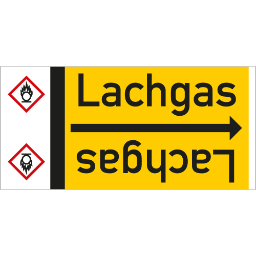 Rohrleitungsband: Lachgas, mit Gefahrensymbol, DIN 2403, für Rohre ab Ø 15 mm, Folie selbstklebend, 33 m/Rolle