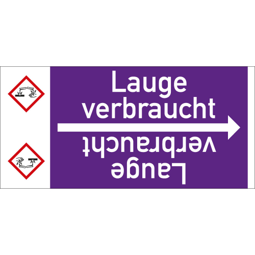 Rohrleitungsband: Lauge verbraucht, mit Gefahrensymbol, DIN 2403, für Rohre ab Ø 15 mm, Folie selbstklebend, 33 m/Rolle
