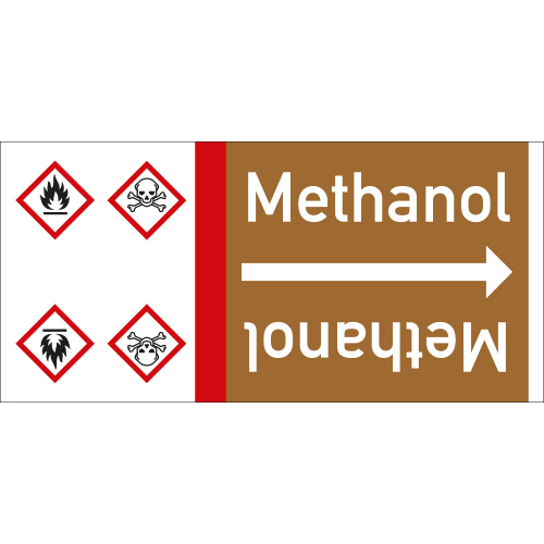 Rohrleitungsband: Methanol, mit zwei Gefahrensymbolen, DIN 2403, für Rohre ab Ø 15 mm, Folie selbstklebend, 33 m/Rolle