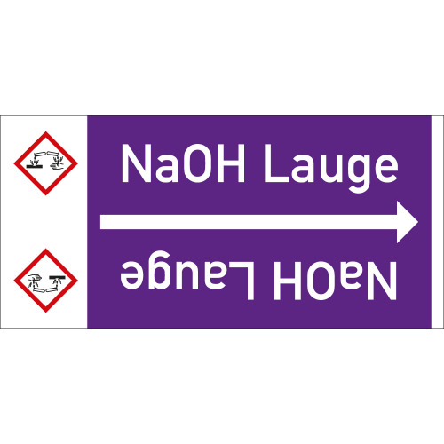 Rohrleitungsband: NaOH Lauge, mit Gefahrensymbol, DIN 2403, für Rohre ab Ø 15 mm, Folie selbstklebend, 33 m/Rolle