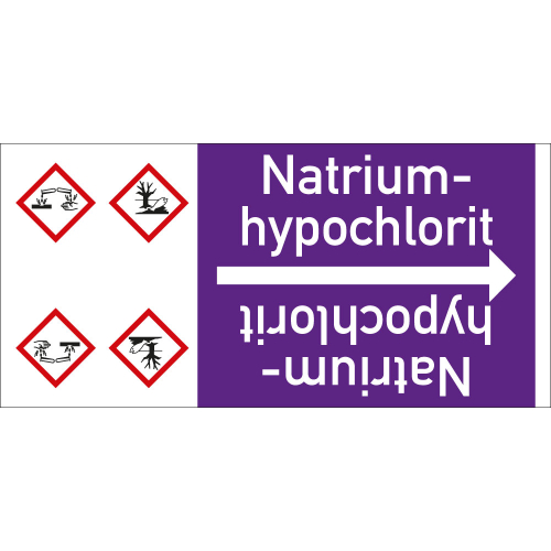 Rohrleitungsband: Natriumhypochlorit, mit zwei Gefahrensymbolen, DIN 2403, für Rohre ab Ø 15 mm, Folie selbstklebend, 33 m/Rolle