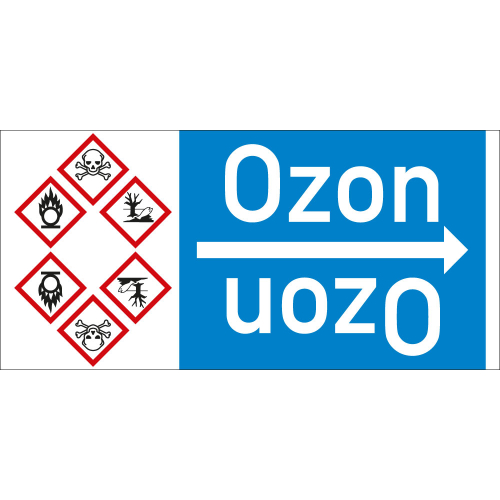 Rohrleitungsband: Ozon, mit drei Gefahrensymbolen, DIN 2403, für Rohre ab Ø 15 mm, Folie selbstklebend, 33 m/Rolle