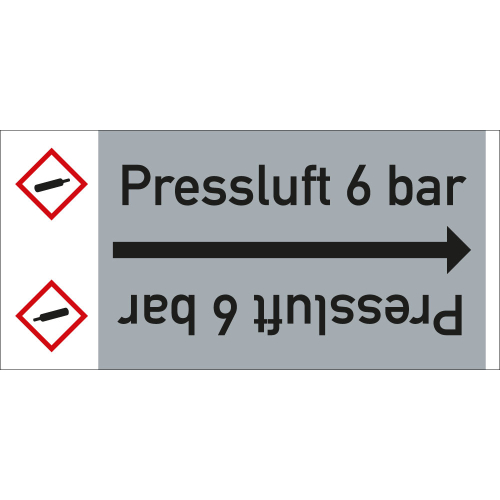 Rohrleitungsband: Pressluft 6 bar, mit Gefahrensymbol, DIN 2403, für Rohre ab Ø 15 mm, Folie selbstklebend, 33 m/Rolle