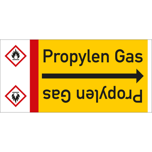 Rohrleitungsband: Propylen Gas, mit Gefahrensymbol, DIN 2403, für Rohre ab Ø 15 mm, Folie selbstklebend, 33 m/Rolle