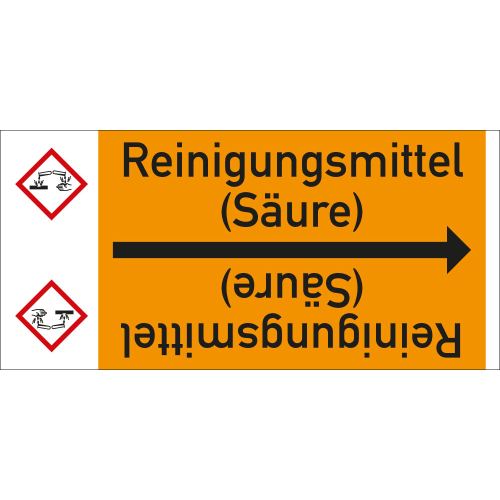 Rohrleitungsband: Reinigungsmittel (Säure), mit Gefahrensymbol, DIN 2403, für Rohre ab Ø 15 mm, Folie selbstklebend, 33 m/Rolle