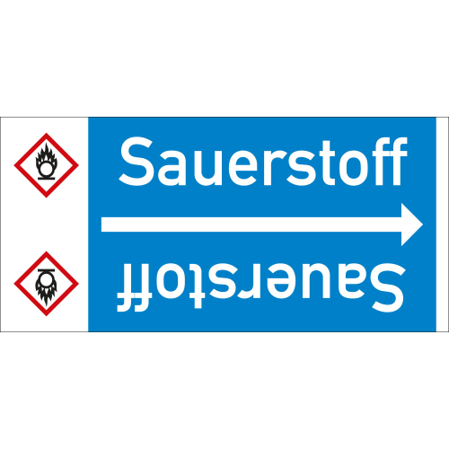 Rohrleitungsband: Sauerstoff, mit Gefahrensymbol, DIN 2403, für Rohre ab Ø 15 mm, Folie selbstklebend, 33 m/Rolle