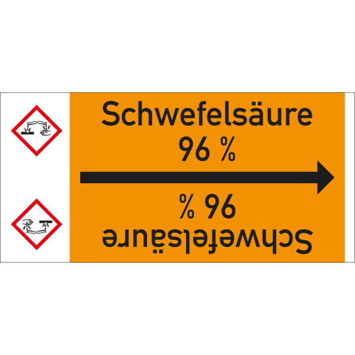Rohrleitungsband: Schwefelsäure 96 %, mit Gefahrensymbol, DIN 2403, für Rohre ab Ø 15 mm, Folie selbstklebend, 33 m/Rolle
