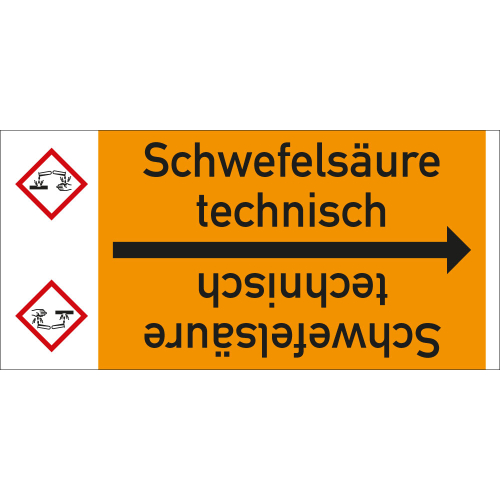 Rohrleitungsband: Schwefelsäure technisch, mit Gefahrensymbol, DIN 2403, für Rohre ab Ø 15 mm, Folie selbstklebend, 33 m/Rolle