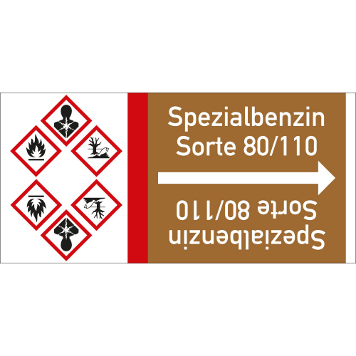 Rohrleitungsband: Spezialbenzin Sorte 80/110, mit drei Gefahrensymbolen, DIN 2403, für Rohre ab Ø 15 mm, Folie selbstklebend, 33 m/Rolle