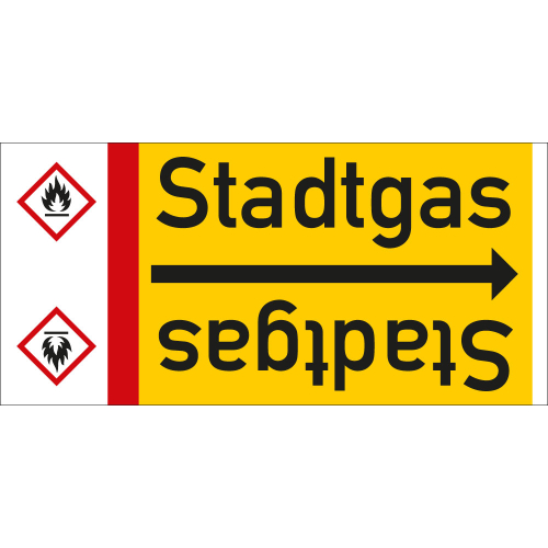 Rohrleitungsband: Stadtgas, mit Gefahrensymbol, DIN 2403, für Rohre ab Ø 15 mm, Folie selbstklebend, 33 m/Rolle