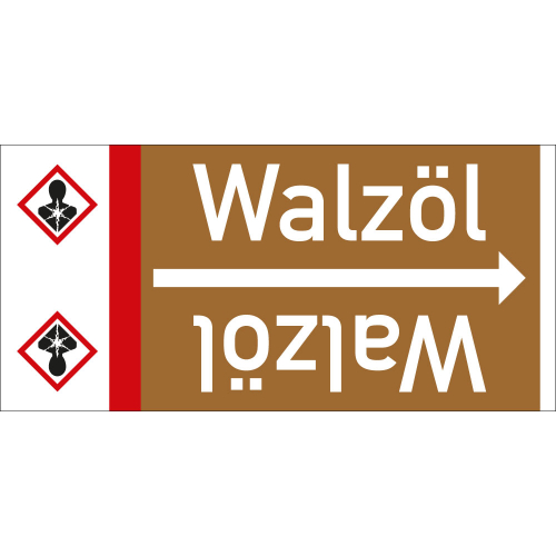 Rohrleitungsband: Walzöl, mit Gefahrensymbol, DIN 2403, für Rohre ab Ø 15 mm, Folie selbstklebend, 33 m/Rolle
