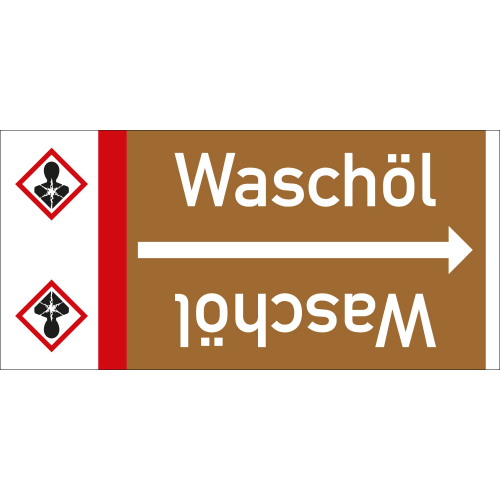 Rohrleitungsband: Waschöl, mit Gefahrensymbol, DIN 2403, für Rohre ab Ø 15 mm, Folie selbstklebend, 33 m/Rolle