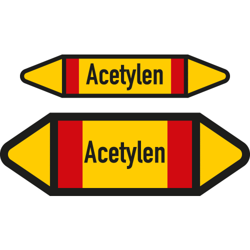 Rohrleitungsetikett: Acetylen, DIN 2403, gelb-schwarz mit Zusatzfarbe rot, für Rohre mit Ø 60 - 90 mm, Folie selbstklebend, 252 x 52 mm, 3 St./Bogen Rohrleitungsetikett: Acetylen, DIN 2403, gelb-schwarz mit Zusatzfarbe rot, für Rohre mit Ø 60 - 90 mm, Folie selbstklebend, 252 x 52 mm, 3 St./Bogen