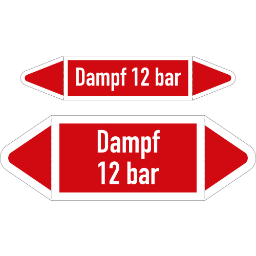 Rohrleitungsetikett: Dampf 12 bar, DIN 2403, rot-weiß, für Rohre mit Ø 60 - 90 mm, Folie selbstklebend, 252 x 52 mm, 3 St./Bogen Rohrleitungsetikett: Dampf 12 bar, DIN 2403, rot-weiß, für Rohre mit Ø 60 - 90 mm, Folie selbstklebend, 252 x 52 mm, 3 St./Bogen