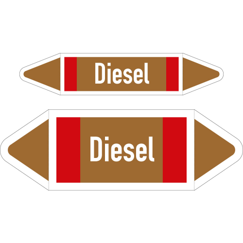 Rohrleitungsetikett: Diesel, DIN 2403, braun mit Zusatzfarbe rot, für Rohre ab Ø 90 mm, Folie selbstklebend, 300 x 100 mm, 2 St./Bogen Rohrleitungsetikett: Diesel, DIN 2403, braun mit Zusatzfarbe rot, für Rohre ab Ø 90 mm, Folie selbstklebend, 300 x 100 mm, 2 St./Bogen