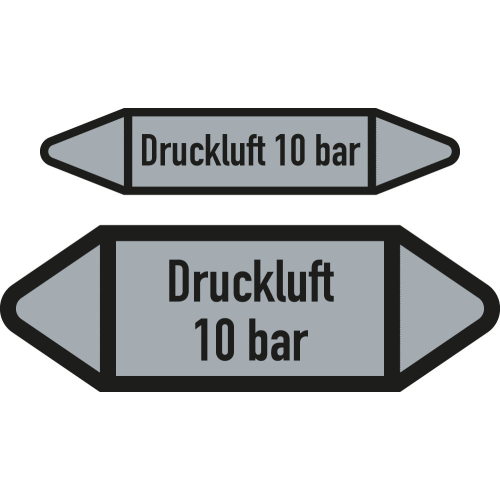 Rohrleitungsetikett: Druckluft 10 bar, DIN 2403, grau-schwarz, für Rohre ab Ø 90 mm, Folie selbstklebend, 300 x 100 mm, 2 St./Bogen Rohrleitungsetikett: Druckluft 10 bar, DIN 2403, grau-schwarz, für Rohre ab Ø 90 mm, Folie selbstklebend, 300 x 100 mm, 2 St./Bogen
