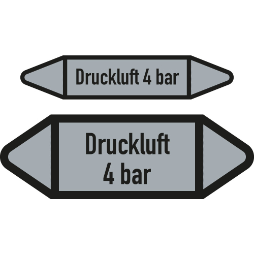 Rohrleitungsetikett: Druckluft 4 bar, DIN 2403, grau-schwarz, für Rohre mit Ø 60 - 90 mm, Folie selbstklebend, 252 x 52 mm, 3 St./Bogen Rohrleitungsetikett: Druckluft 4 bar, DIN 2403, grau-schwarz, für Rohre mit Ø 60 - 90 mm, Folie selbstklebend, 252 x 52 mm, 3 St./Bogen