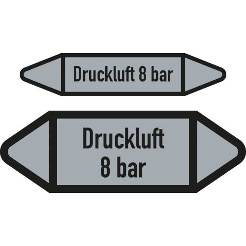 Rohrleitungsetikett: Druckluft 8 bar, DIN 2403, grau-schwarz, für Rohre mit Ø 15 - 25 mm, Folie selbstklebend, 75 x 17 mm, 8 St./Bogen Rohrleitungsetikett: Druckluft 8 bar, DIN 2403, grau-schwarz, für Rohre mit Ø 15 - 25 mm, Folie selbstklebend, 75 x 17 mm, 8 St./Bogen