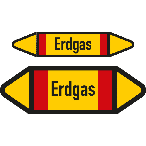 Rohrleitungsetikett: Erdgas, DIN 2403, gelb-schwarz mit Zusatzfarbe rot, für Rohre mit Ø 15 - 25 mm, Folie selbstklebend, 75 x 17 mm, 8 St./Bogen Rohrleitungsetikett: Erdgas, DIN 2403, gelb-schwarz mit Zusatzfarbe rot, für Rohre mit Ø 15 - 25 mm, Folie selbstklebend, 75 x 17 mm, 8 St./Bogen