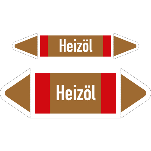 Rohrleitungsetikett: Heizöl, DIN 2403, braun mit Zusatzfarbe rot, für Rohre mit Ø 25 - 40 mm, Folie selbstklebend, 126 x 26 mm, 5 St./Bogen Rohrleitungsetikett: Heizöl, DIN 2403, braun mit Zusatzfarbe rot, für Rohre mit Ø 25 - 40 mm, Folie selbstklebend, 126 x 26 mm, 5 St./Bogen