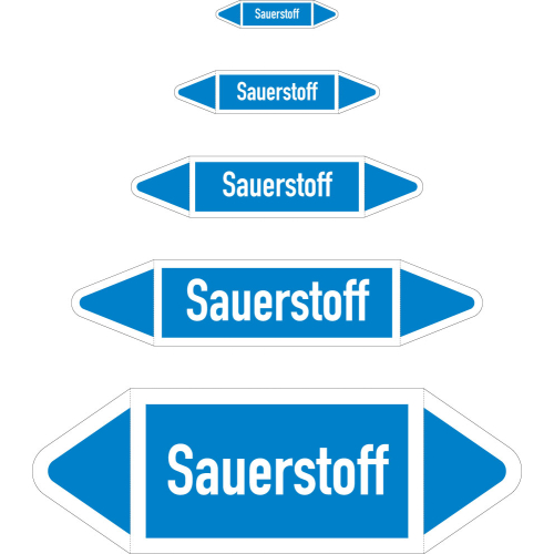 Rohrleitungsetikett: Sauerstoff, DIN 2403, blau-weiß, für Rohre mit Ø 40 - 60 mm, Folie selbstklebend, 179 x 37 mm, 5 St./Bogen Rohrleitungsetikett: Sauerstoff, DIN 2403, blau-weiß, für Rohre mit Ø 40 - 60 mm, Folie selbstklebend, 179 x 37 mm, 5 St./Bogen
