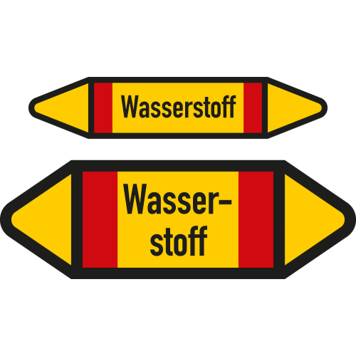 Rohrleitungsetikett: Wasserstoff, DIN 2403, gelb-schwarz mit Zusatzfarbe rot, für Rohre mit Ø 25 - 40 mm, Folie selbstklebend, 126 x 26 mm, 5 St./Bogen Rohrleitungsetikett: Wasserstoff, DIN 2403, gelb-schwarz mit Zusatzfarbe rot, für Rohre mit Ø 25 - 40 mm, Folie selbstklebend, 126 x 26 mm, 5 St./Bogen