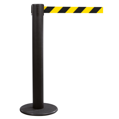 Sicherheits-Gurtpfosten Indoor, schwarz, Gurt gelb-schwarz, Stahl, Ø 50mm, 50 mm, 9 m, 1 Stück Sicherheits-Gurtpfosten Indoor, schwarz, Gurt gelb-schwarz, Stahl, Ø 50mm, 50 mm, 9 m, 1 Stück