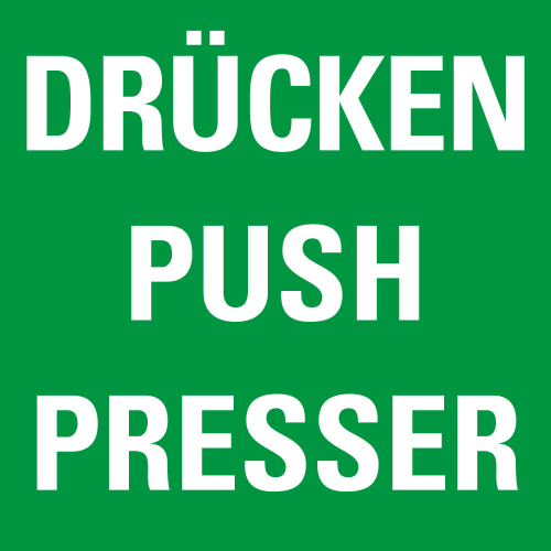 Türhinweisschild: DRÜCKEN / PUSH / POUSSER, dreisprachig, grün-weiß, Folie selbstklebend, 80 x 80 mm, 1 Stück