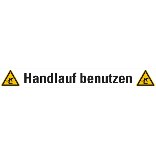 Treppenmarkierung: Handlauf benutzen (Piktos W007), ASR A1.3, DIN EN ISO, R10, Bodenmarkierungsfolie selbstklebend, 1000 mm x 120 mm, 1 Stück