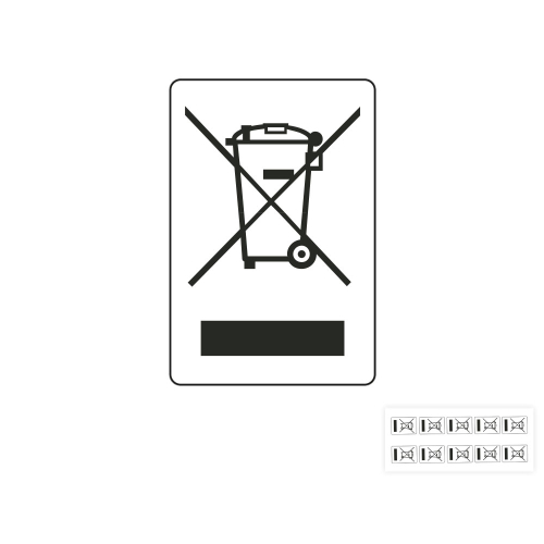 Produkt Hauptbild von WEEE-Gerätekennzeichen mit Balken, weiß-schwarz, Folie selbstklebend, versch. Größen