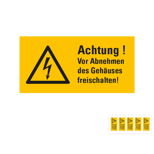 Produkt Hauptbild von Warnschild: Achtung! Vor Abnehmen des Gehäuses freischalten, Blitzpfeil, Folie selbstklebend, zwei Größen, versch. Lieferformen