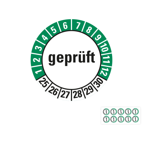 Produkt Hauptbild von Prüfplakette geprüft, 25 - 30, weiß-grün, Folie selbstklebend, Ø 20 oder 30 mm