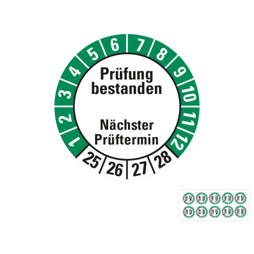Produkt Hauptbild von Prüfplakette Prüfung bestanden Nächster Prüftermin, 25 - 28, weiß-grün, Folie selbstklebend, Ø 20 oder 30 mm